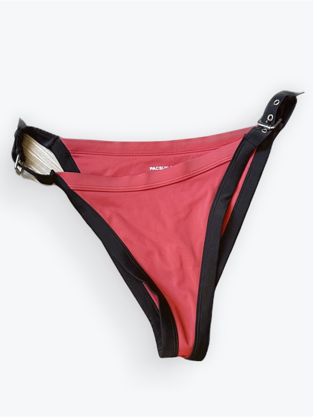 Surfer Girl PacSun Red Belt Buckle Hi-Cut Cheeky Bikini Swim Bottoms Low Rise ~L